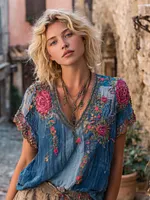 Women's Pink Floral Embroidered Art V-neck Linen Blend T-shirt