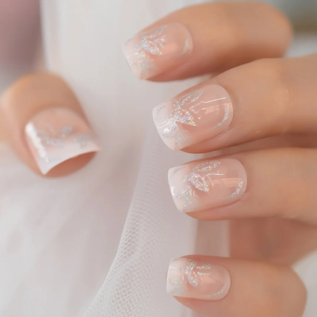 Ombre Butterfly False Nails Sparkly Holographic Glitter Nails Press On Short Reusable Fingernail With Glue Sticker Nageltips-Nail Inspo