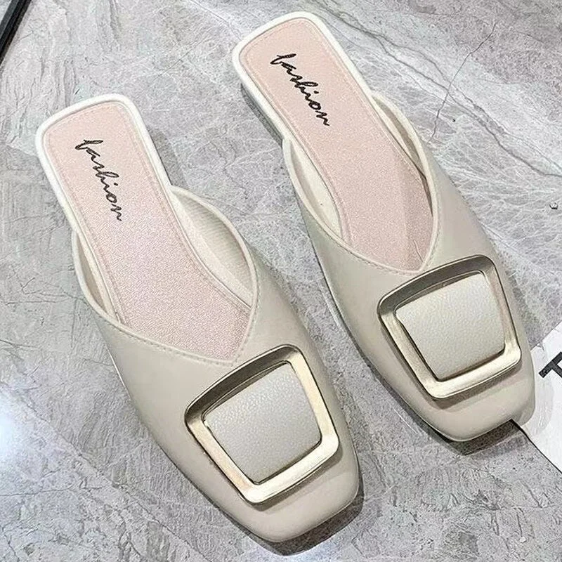 Women's Summer Shoes Slip On Mules Casual Shoes Buckle Square Toe Flats Sandals Brand Designer Sandals Ladies 2021 New Fashion