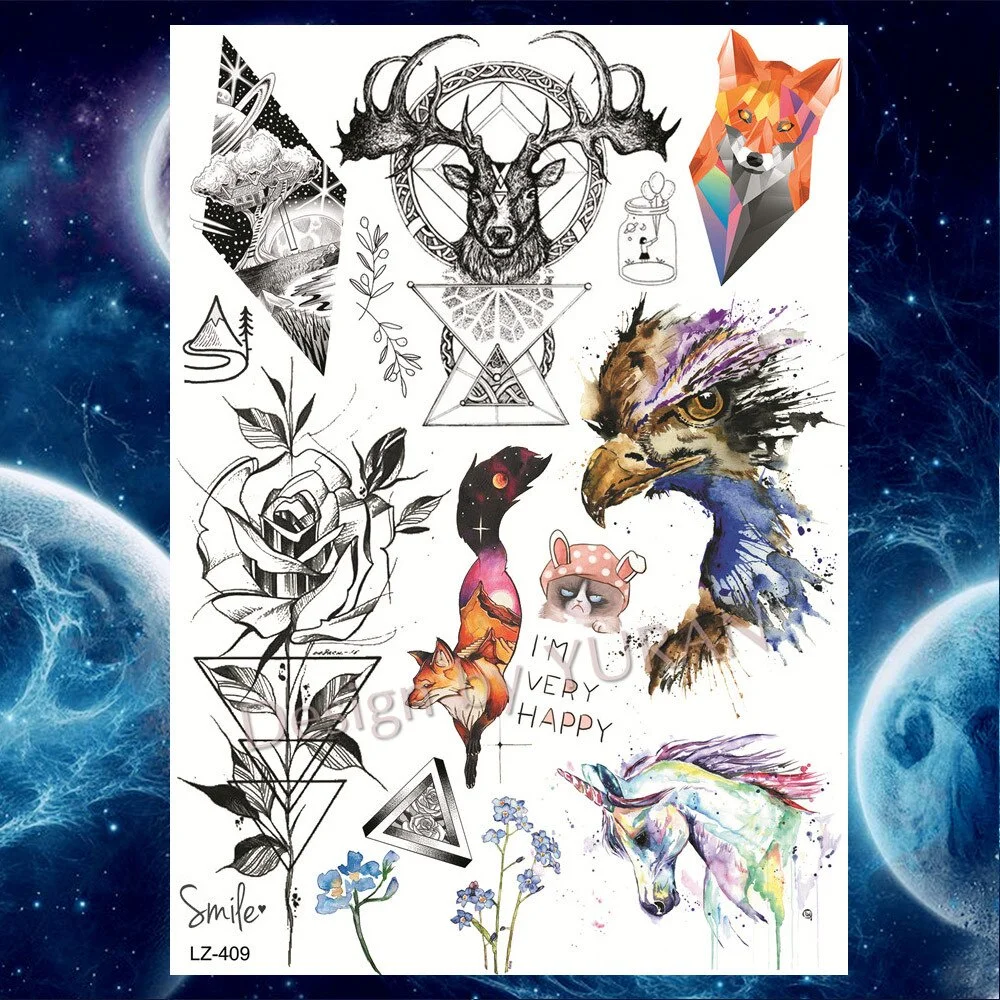 Tribal Forest Animals Black Galaxy Triangle Wolf Animals Temporary Tattoo Stickers Women Men Deer Tatoo Waterproof Arm Tattoos