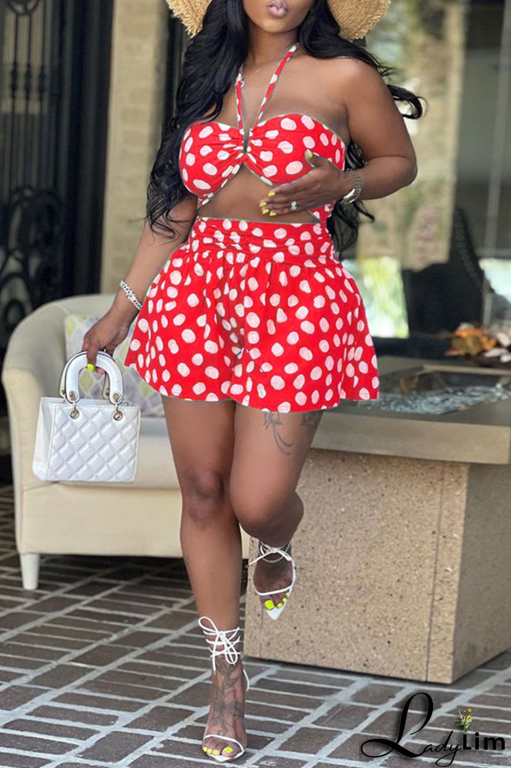 Red Sexy Print Polka Dot Split Joint Halter Sleeveless Two Pieces