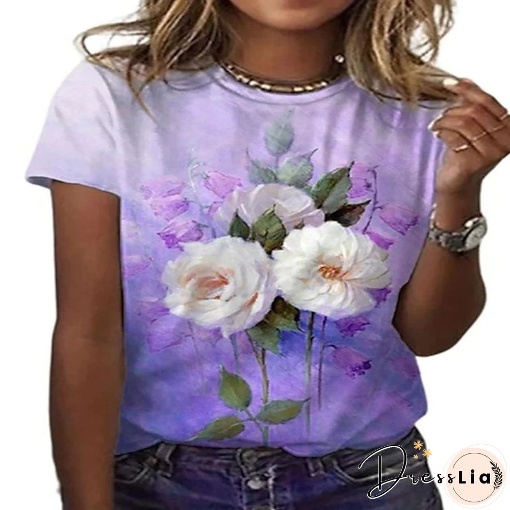 Summer New 3D Printing Ladies Casual Floral Theme Painting T-Shirt Printing Round Neck Soft Fashion Women's Clothing