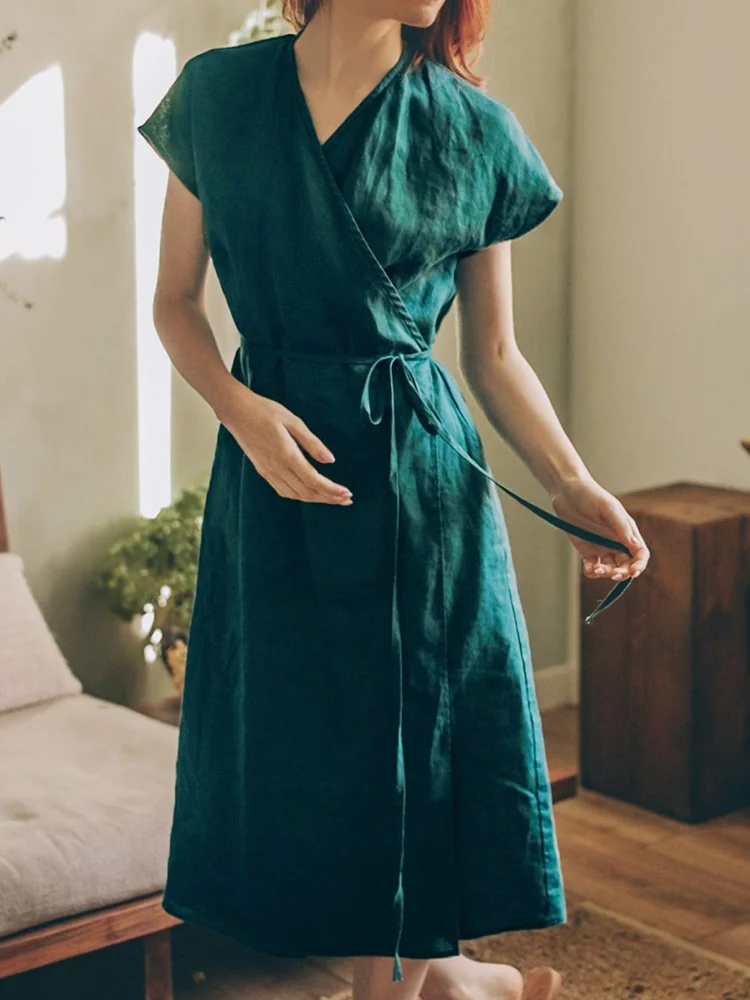 Einfarbiges Vintage-Wickelkleid aus Leinenmischung für Damen