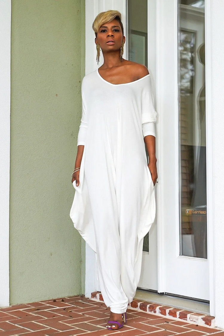 Women's Casual Wide Leg Jumpsuits Long Sleeve V-Neck Loose Jumpsuit