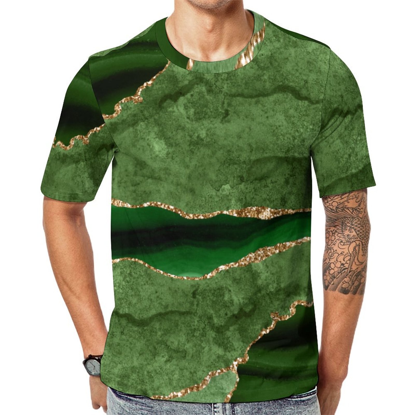 Emerald Green And Gold Agate Short Sleeve Print Unisex Tshirt Summer Casual Tees for Men and Women Coolcoshirts