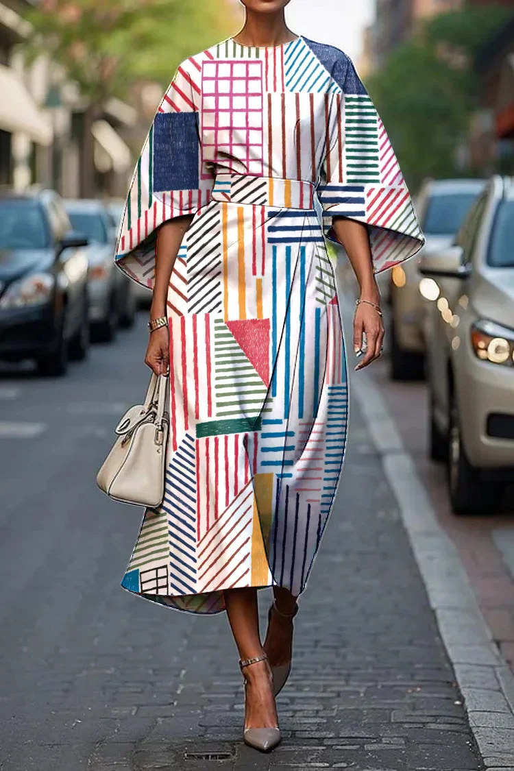 Women's Elegant Striped Abstract Art Print Midi Dress