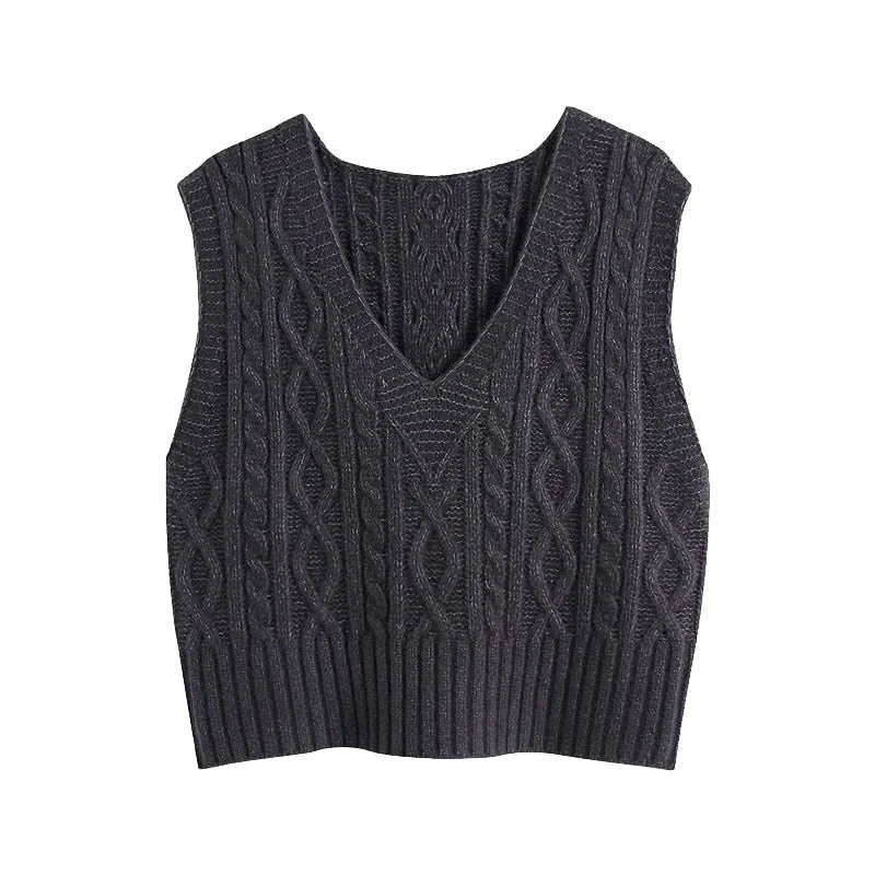 TRAF Women Fashion Loose Cable-knit Vest Sweater Vintage V Neck Sleeveless Female Waistcoat Chic Tops