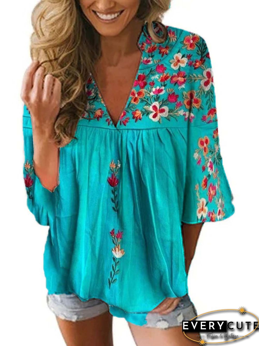 Half Sleeve V Neck Boho Shirts & Tops