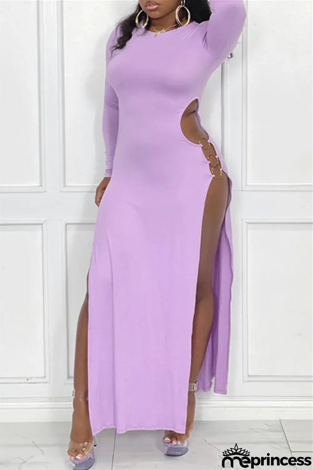 Black Sexy Casual Solid Hollowed Out Slit O Neck Long Sleeve Dresses