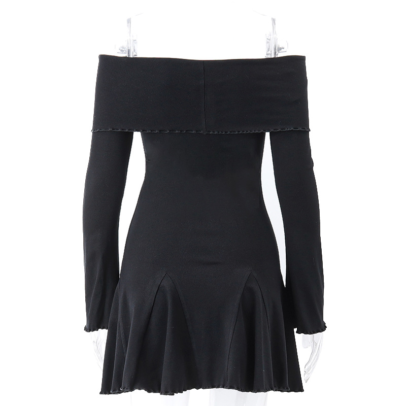 Ootddress Black Knit Ruffled Mini Dress Women Patchwork Off-Shoulder Loose Slim Fashion Ribbed Dress Knitwear Clothes Female Dress