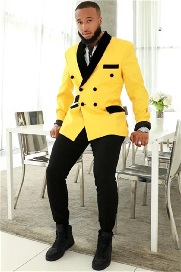 Miabel Stylish   Slim Fit  Yellow Black Shawl Men's Suits With Double Breasted