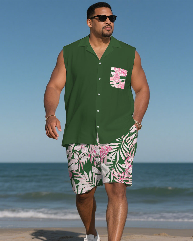 Hawaiian Men's Plus Size-Green Chest Patch Pocket Printed Waistband Shirt Shorts Suit