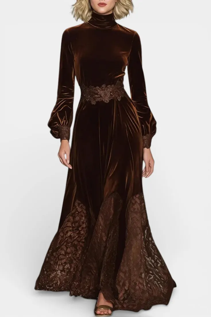 High-Neck Velvet Maxi with Lace Accents