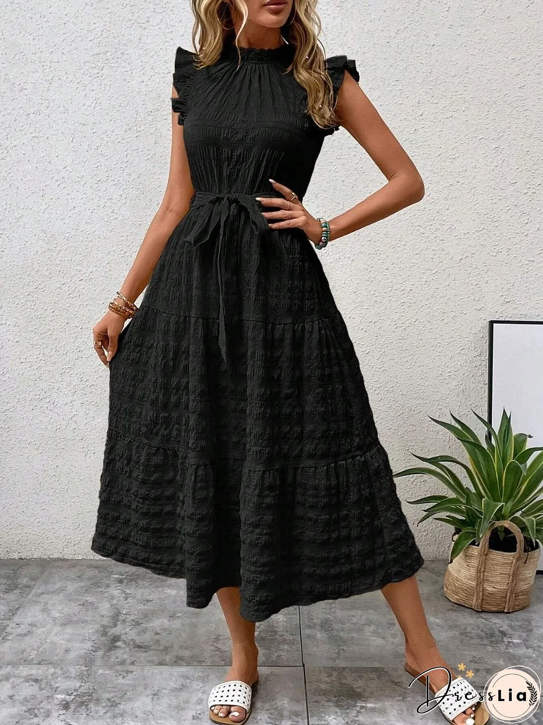Tied Ruffled Cap Sleeve Midi Dress