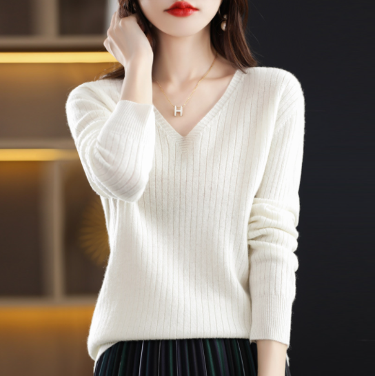 V-Neck Pullover Long Sleeve Solid Color Cashmere Sweater