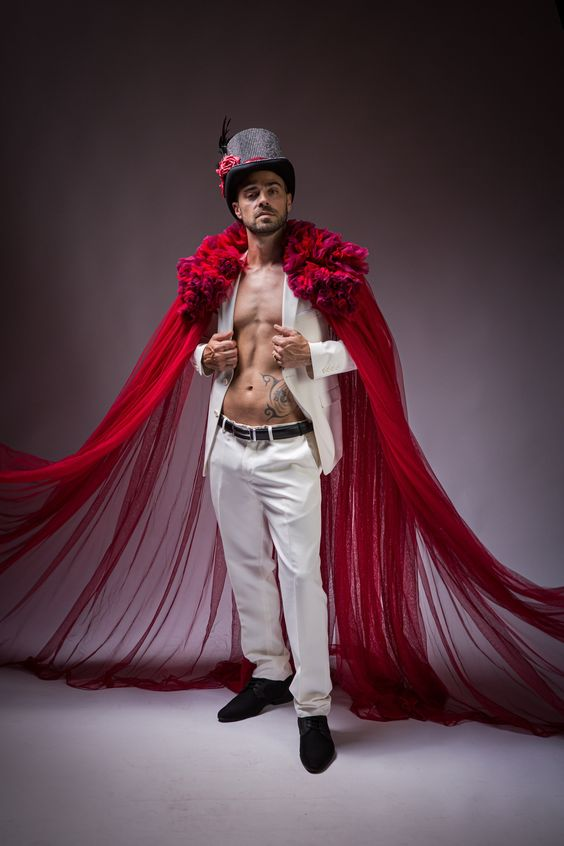 Red Cape in veil for men, Event, Festival, Stage, Singer Costumes