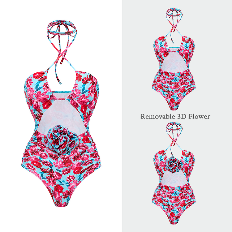 Halter Floral Print One Piece Swimsuit and Skirt or Sarong