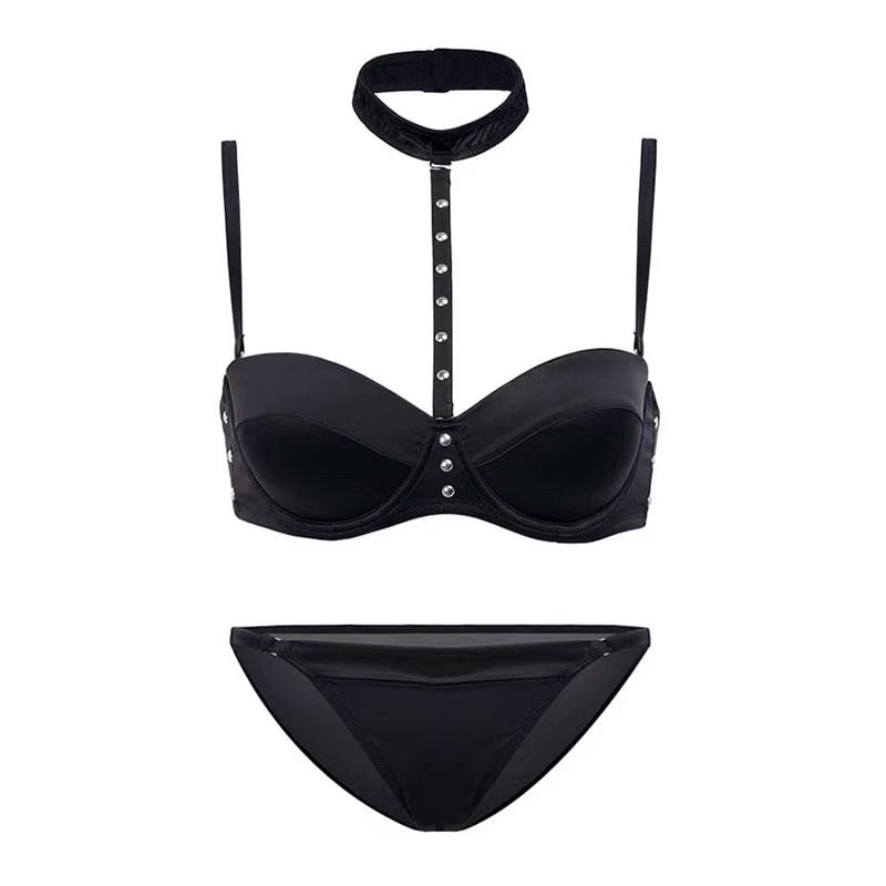 Black satin rivet decoration 1/2 mold cup bra set neck ring adjustment upper thin and lower thick cup lingerie and panties set