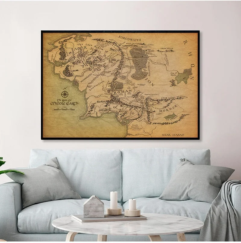 BANMU Middle Earth Retro Near HARAD City Map Wall Art Poster Vintage Map Wall Canvas Paintings Livingroom Home Decor