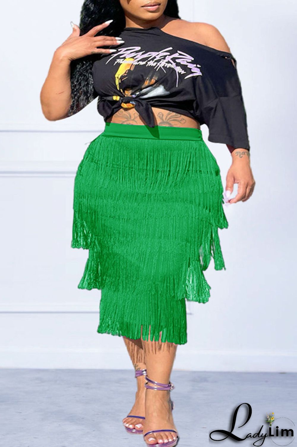 Black Casual Print Tassel Split Joint O Neck Plus Size Two Pieces