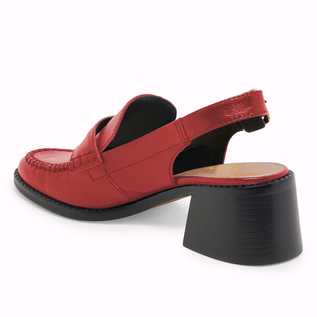 Red Vegan Leather Round Toe Buckle Slingback Strap Comfy Loafers 