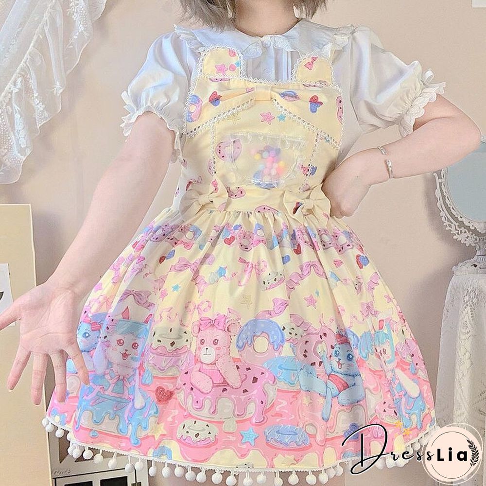 Sweet Lolita Milk Foam Pudding Print Cute Jsk Strap Dress Women Summer Tea Party Princess