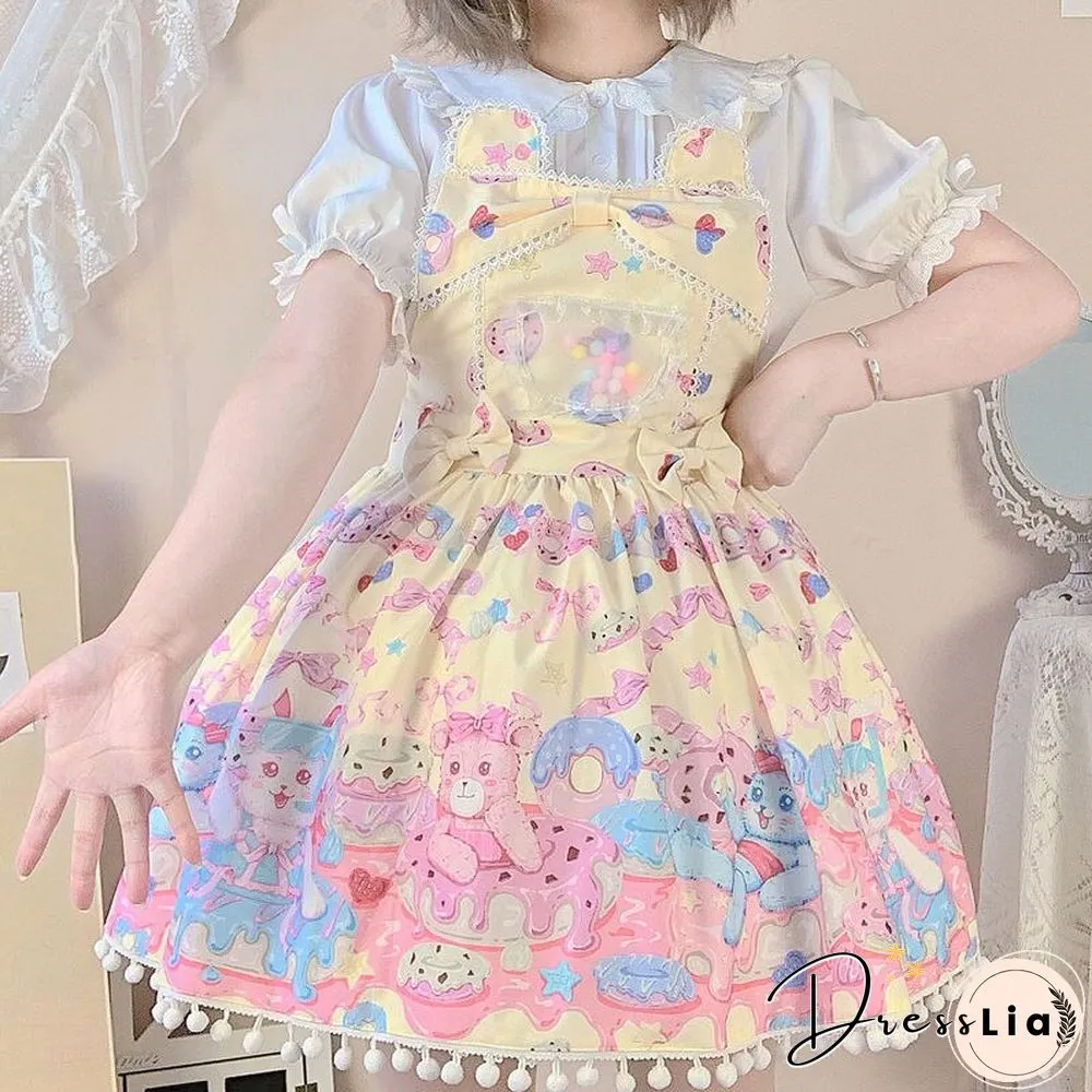 Sweet Lolita Milk Foam Pudding Print Cute Jsk Strap Dress Women Summer Tea Party Princess