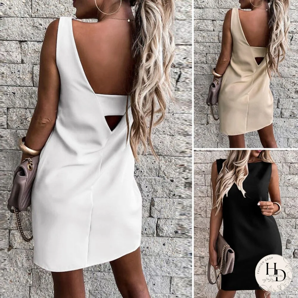 Women Plain Party Sleeveless Holiday Summer Sundress Wedding Crew Neck Backless Mini Shirt Dress