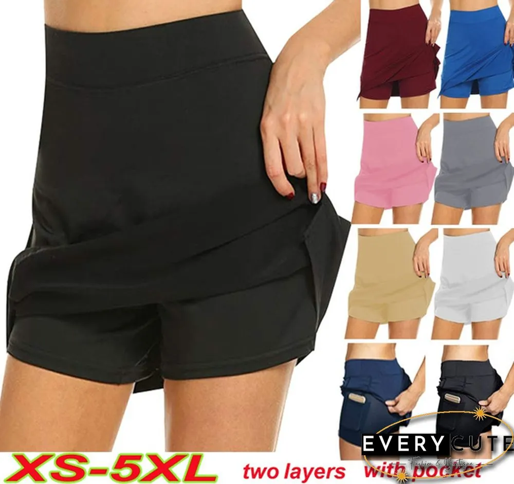 Womens Fashion Double-Layer Athletic Skirt Shorts with Pocket High Waist A-Line Mini