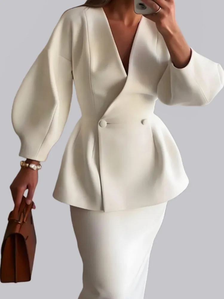 Solid Color Buttons Puff Sleeve Blazers Skirts 2-piece Sets