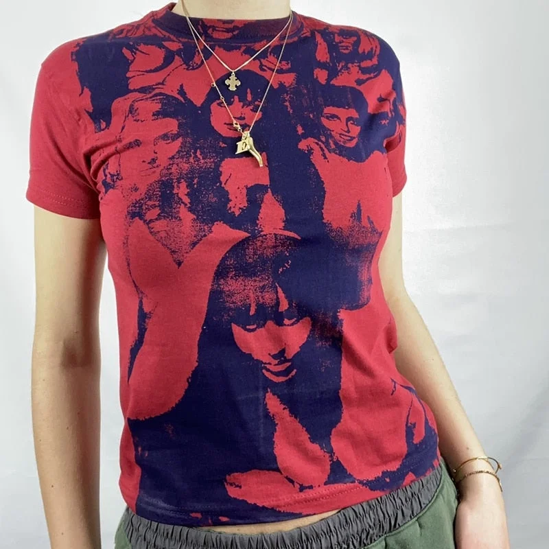 E-girl Harajuku Graphic Print T-shirt 90s Women Vintage Crop Top Y2K Aesthetic Summer Slim Fit Tees Tops Streetwear Gothic Punk