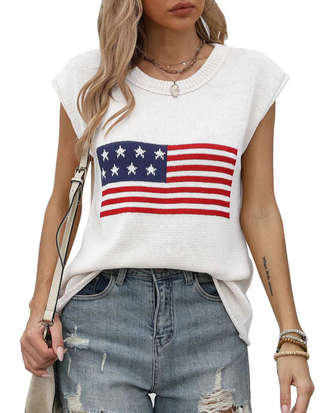 Athvotar Athvotar New Hot Independent Yen Collar Flag Top Solid Color Knit Shirt Short-Sleeved Sweater Woman