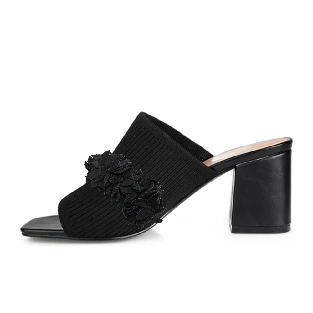 Black Vegan Leather Open Toe Chunky Heel Mules with Elastic Band Nicepairs