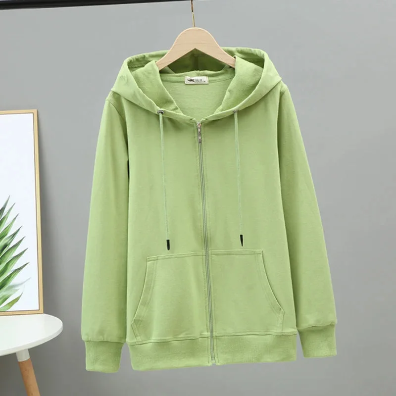 Oocharger 100% Cotton Women Hoodies Large Size Solid Zipper Casual Hooded Oversized Sweatshirt High Quality Autumn Long Sleeve Tops