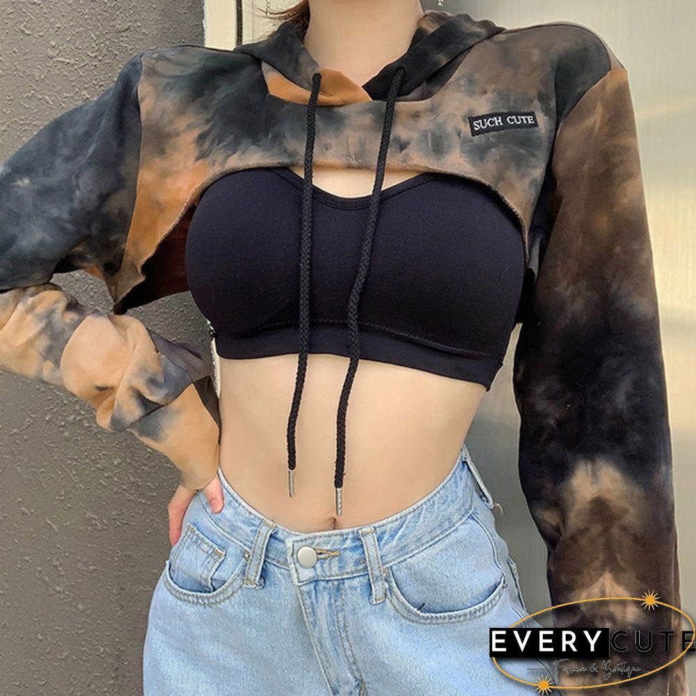 Women Long Sleeve Black Bustier Crop Top Mesh Harajuku Hiphop Loose Leopard Hoodie Sweatshirt Clubwear Tie Dye Top