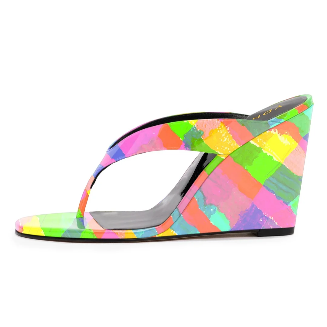 Rainbow Patent Leather Open Round Toe Flip Flop Wedge Sandals