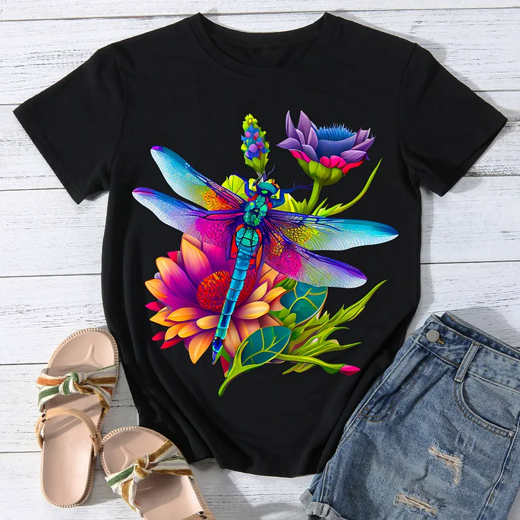 Dragonfly with  Radiant flower Women Round Neck T-shirt - BSTCA0082