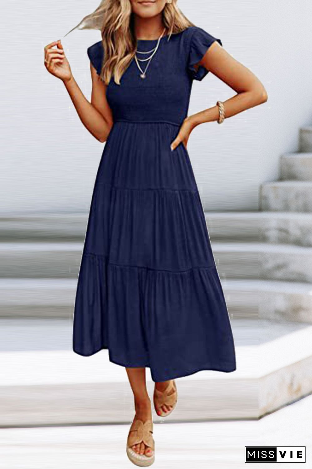 Fashion Solid Flounce O Neck Cake Skirt Dresses(9 Colors)