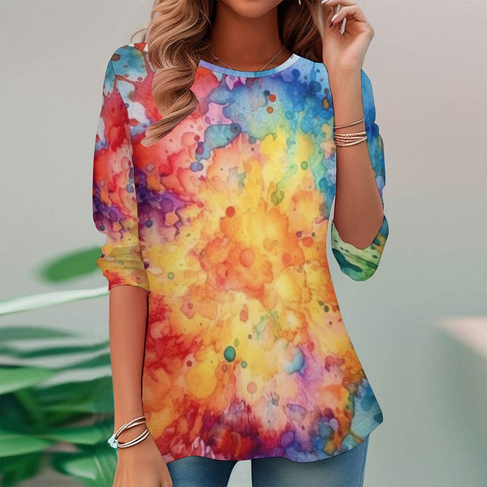 Women Long Sleeve V-neck Graphic Floral Printed Top