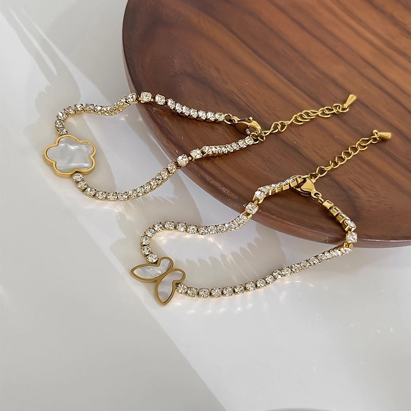 Sweet Minimalist Classic Style Butterfly 316L Stainless Steel  18K Gold Plated Imitation Pearl Rhinestones Shell Bracelets In Bulk