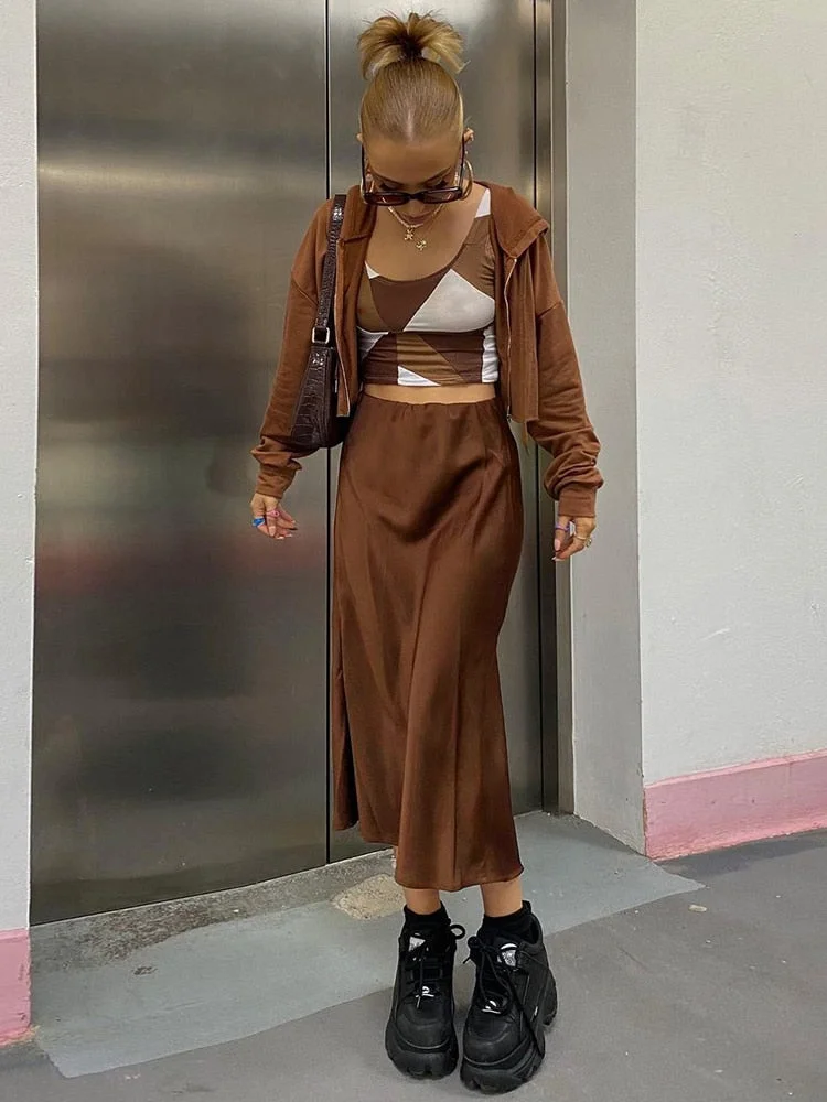 Rapcopter Satin Split Skirts y2k Vintage Long Skirts Women High Waisted Summer Skirts Women Harajuku Skirts 2021 90S New Buttom