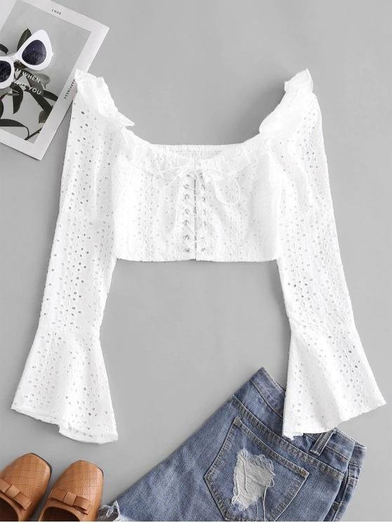 Broderie Anglaise Lace Up Ruffle Milkmaid Crop Blouse