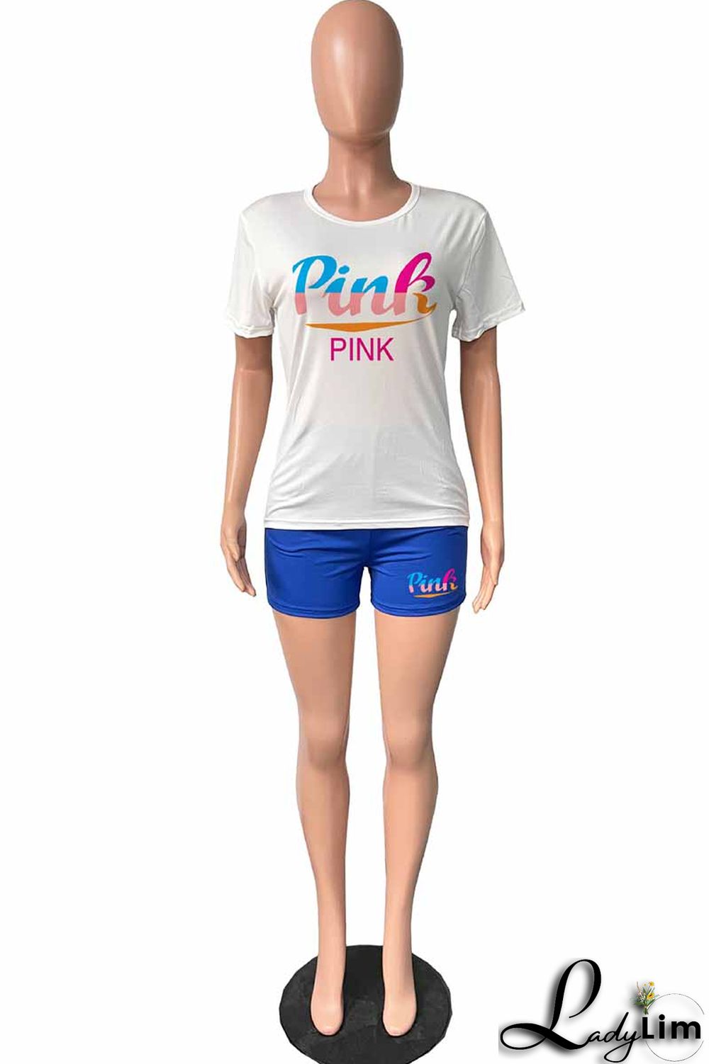 Pink Casual Print Letter O Neck Short Sleeve Two Pieces