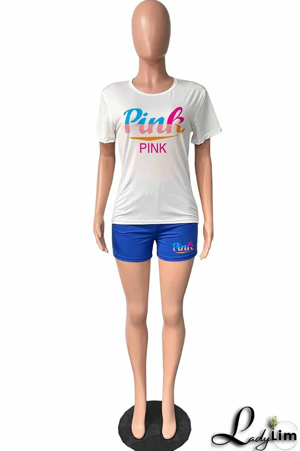 Pink Casual Print Letter O Neck Short Sleeve Two Pieces