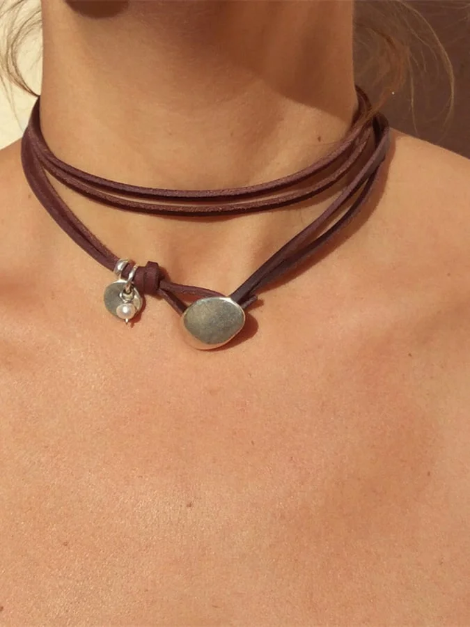 Bohemian Leather Rope Alloy Pearl Clavicle Chain