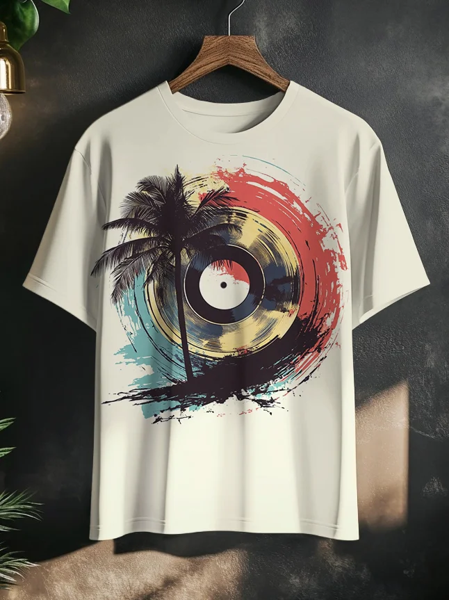 Men's Vinyl Record Coconut Tree Vacation Art Print T-Shirt