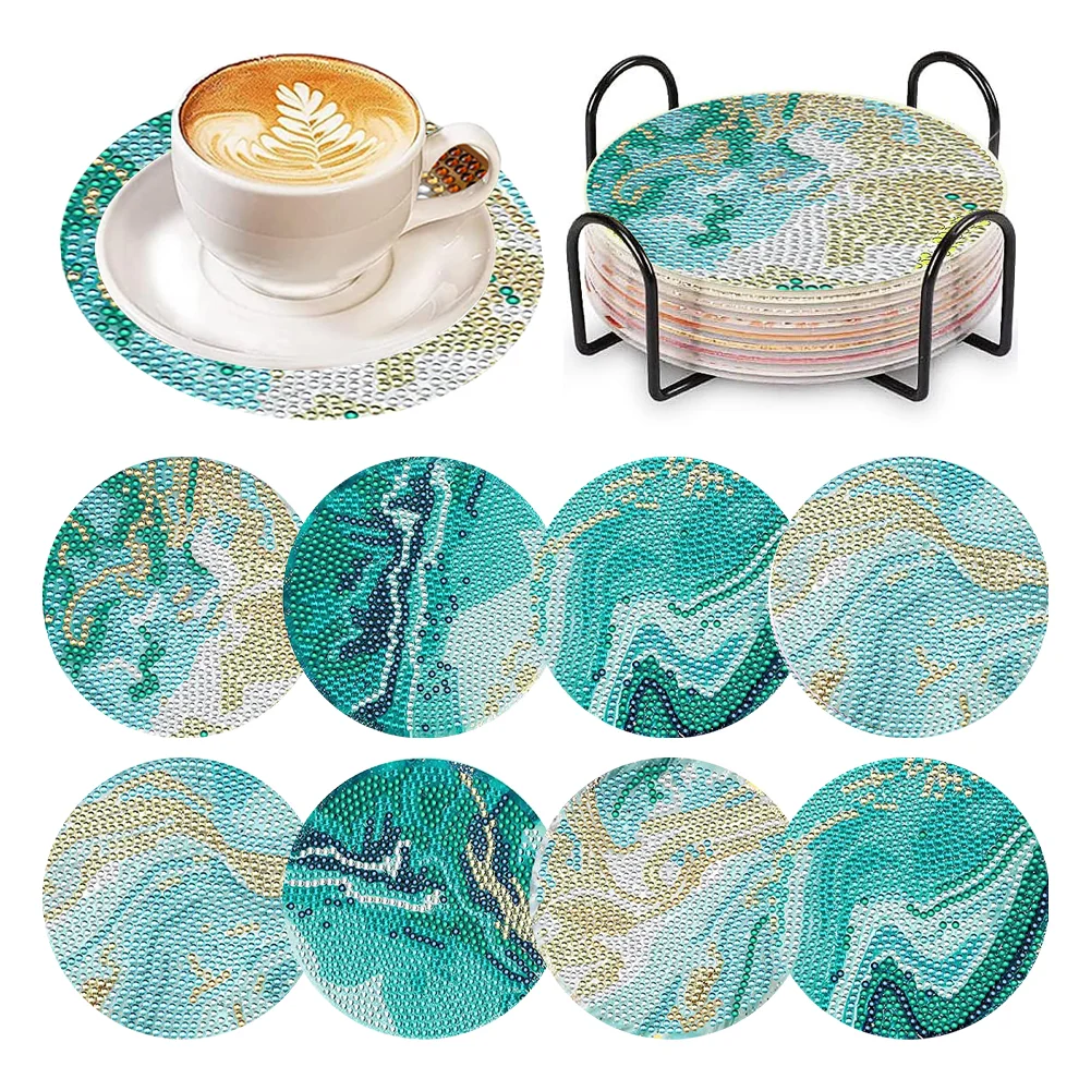 8pcs DIY Green Beach View Wooden Single Sided Diamond Painting Art Coasters Kits with Holder
