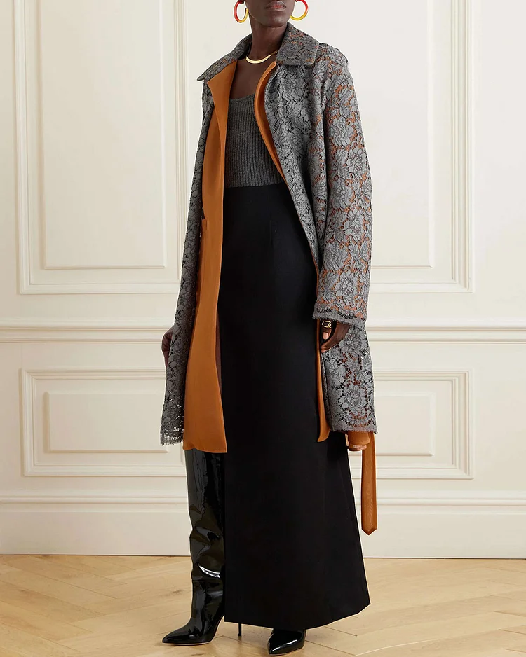 Belted guipure lace and crepe coat