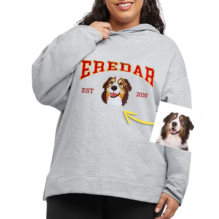 Plus Size Custom Dog Face And Name Embroidered Sweatshirt, Varsity Style Hoodie T-shirt
