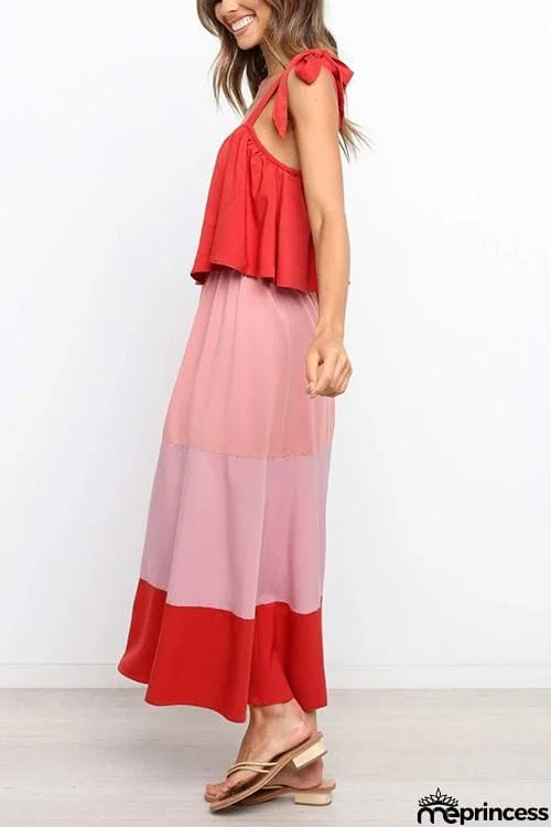 Color Block Bow Slip Maxi Dress